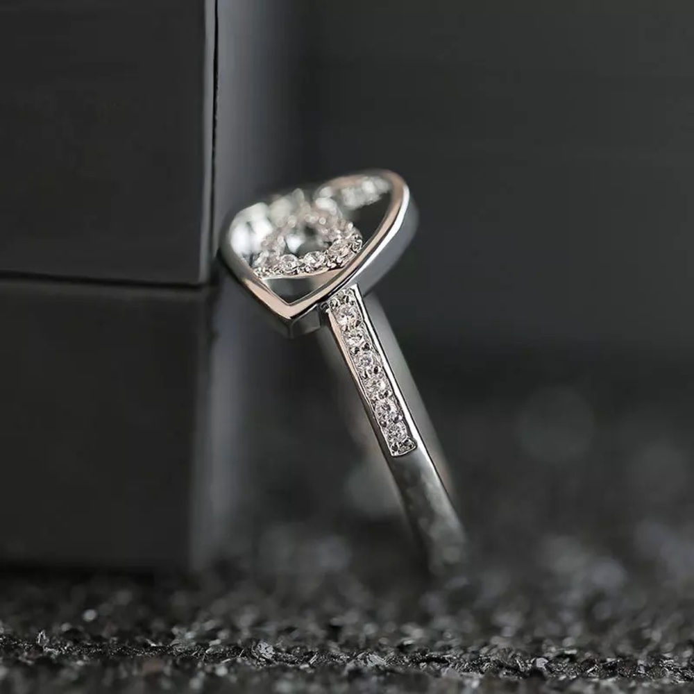 New 925 Silver Lovely Double Hearts Diamond Ring - Picture 3 of 6